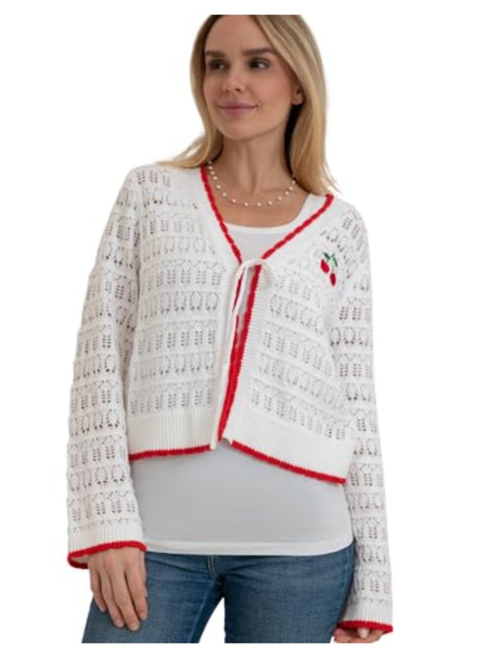 Women's Pointelle Tie Cardigan Sweater with Cherry Heart Embroidery